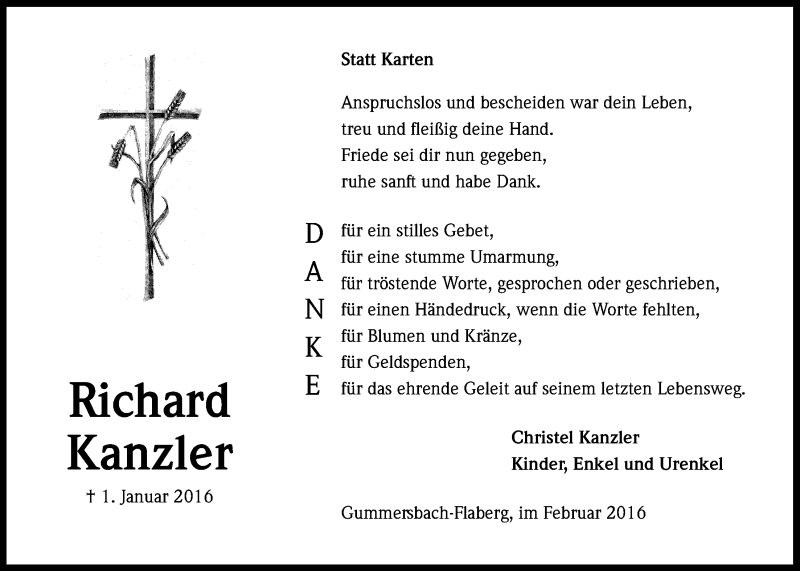  Traueranzeige für Richard Kanzler vom 24.02.2016 aus  Anzeigen Echo 