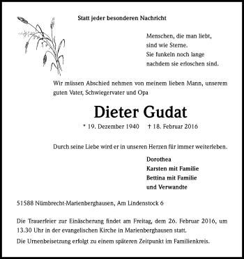 Anzeige von Dieter Gudat von Kölner Stadt-Anzeiger / Kölnische Rundschau / Express