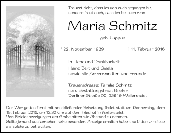 Anzeige von Maria Schmitz von Kölner Stadt-Anzeiger / Kölnische Rundschau / Express