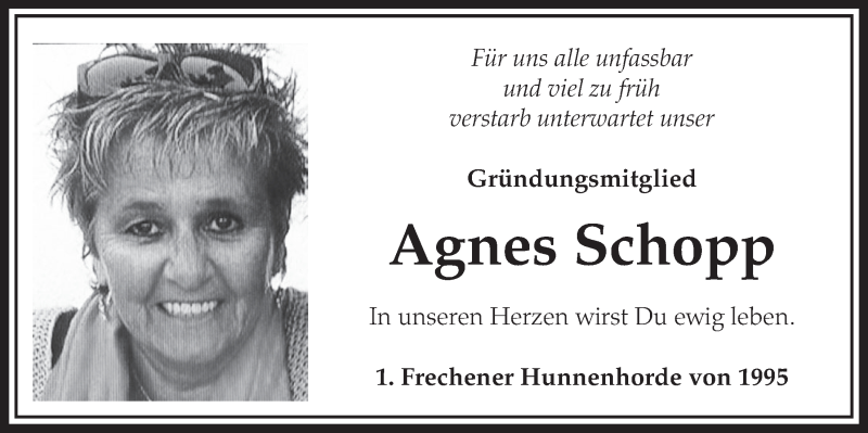 Traueranzeige für Agnes Schopp vom 13.02.2016 aus  Sonntags-Post 