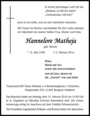 Anzeige von Hannelore Matheja von Kölner Stadt-Anzeiger / Kölnische Rundschau / Express