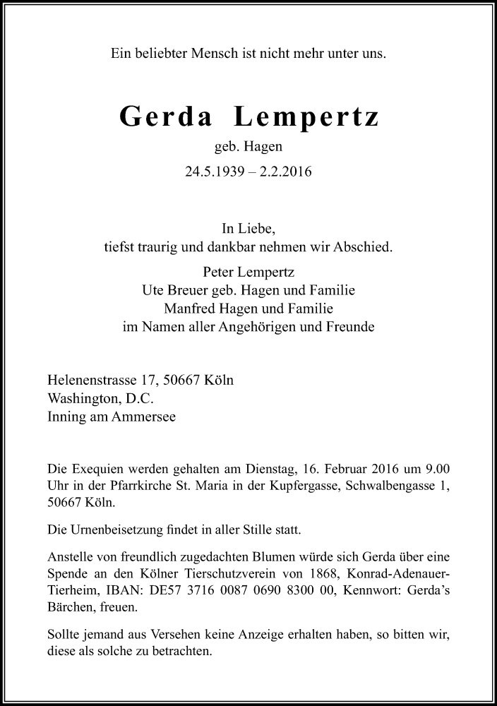  Traueranzeige für Gerda Lempertz vom 13.02.2016 aus Kölner Stadt-Anzeiger / Kölnische Rundschau / Express