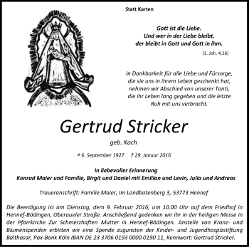 Anzeige von Gertrud Stricker von Kölner Stadt-Anzeiger / Kölnische Rundschau / Express