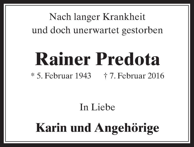  Traueranzeige für Rainer Predota vom 17.02.2016 aus  Werbepost 