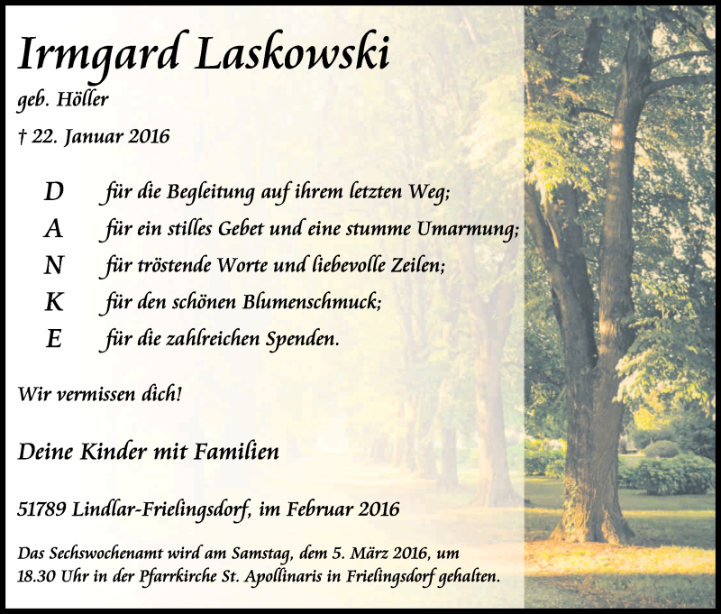  Traueranzeige für Irmgard Laskowski vom 27.02.2016 aus Kölner Stadt-Anzeiger / Kölnische Rundschau / Express
