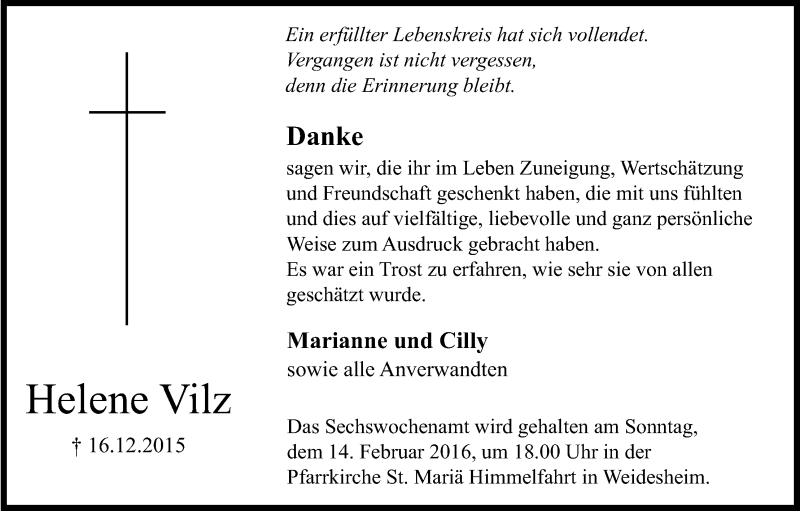  Traueranzeige für Helene Vilz vom 06.02.2016 aus Kölner Stadt-Anzeiger / Kölnische Rundschau / Express