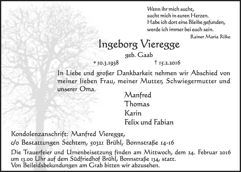  Traueranzeige für Ingeborg Vieresse vom 24.02.2016 aus  Schlossbote/Werbekurier 