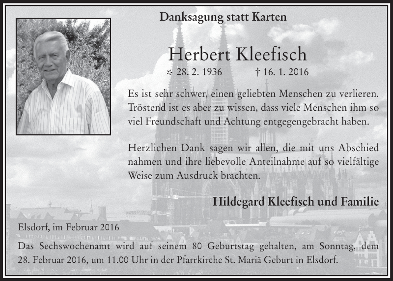  Traueranzeige für Herbert Kleefisch vom 24.02.2016 aus  Werbepost 