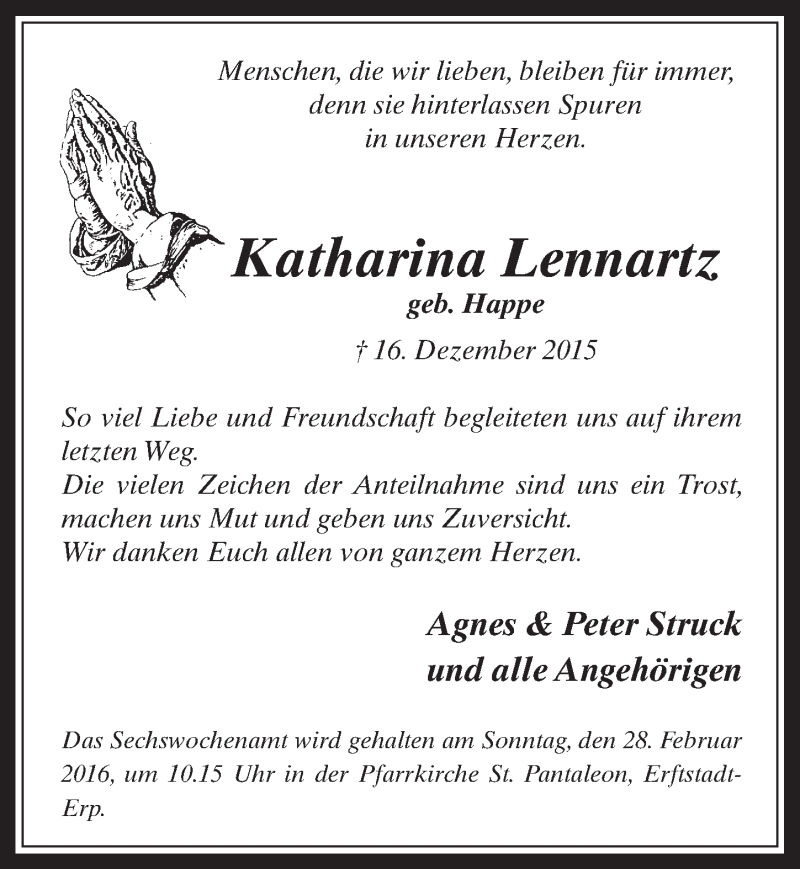  Traueranzeige für Katharina Lennartz vom 24.02.2016 aus  Werbepost 