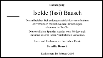 Anzeige von Isolde Issi Bausch von Kölner Stadt-Anzeiger / Kölnische Rundschau / Express