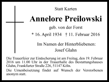 Anzeige von Annelore Preilowski von  Kölner Wochenspiegel 