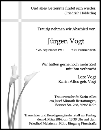 Anzeige von Jürgen Vogt von Kölner Stadt-Anzeiger / Kölnische Rundschau / Express