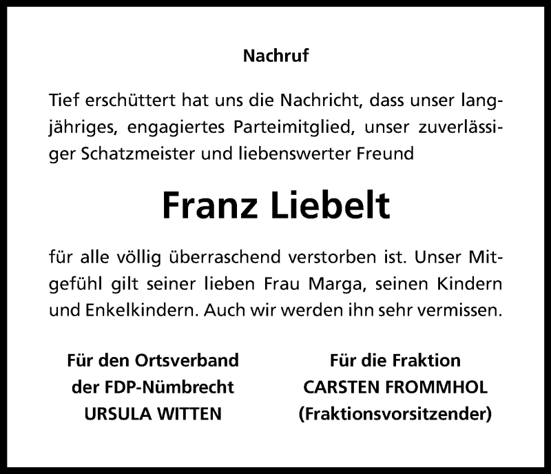  Traueranzeige für Franz Liebelt vom 13.02.2016 aus Kölner Stadt-Anzeiger / Kölnische Rundschau / Express