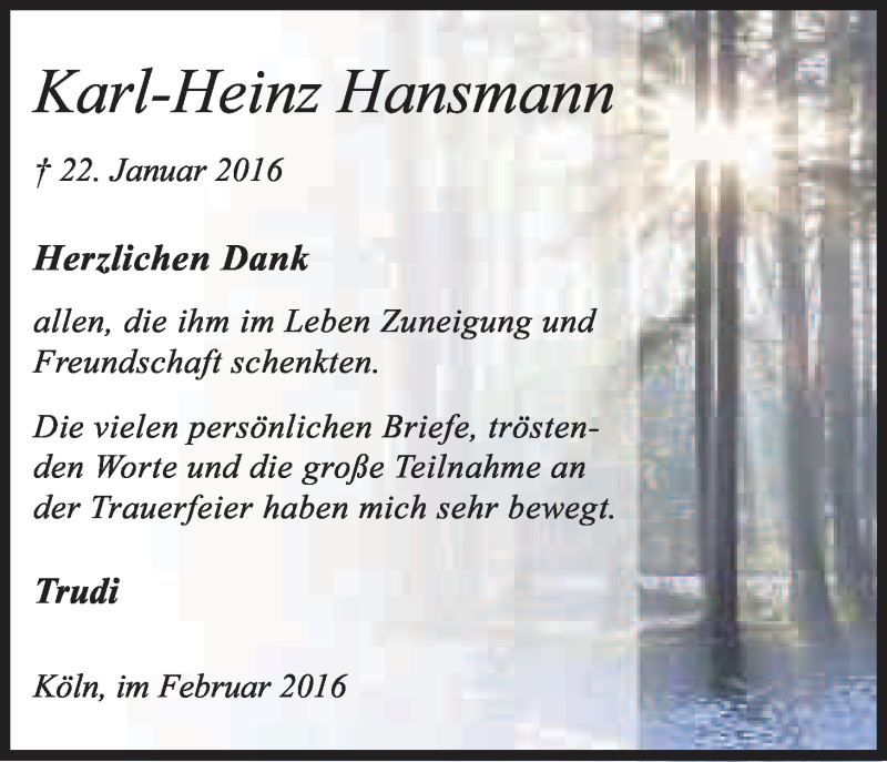  Traueranzeige für Karl-Heinz Hansmann vom 20.02.2016 aus Kölner Stadt-Anzeiger / Kölnische Rundschau / Express