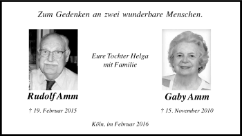 Anzeige von Gaby und Rudolf Amm von Kölner Stadt-Anzeiger / Kölnische Rundschau / Express