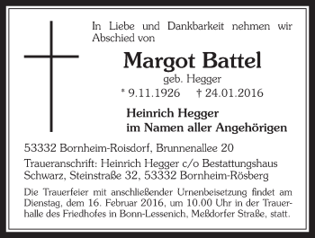Anzeige von Margot Battel von  Schaufenster/Blickpunkt 