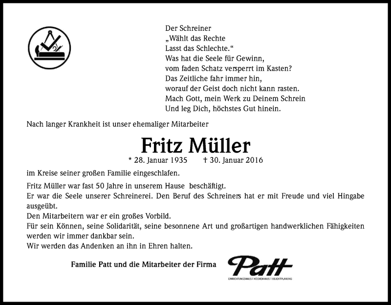  Traueranzeige für Fritz Müller vom 05.02.2016 aus Kölner Stadt-Anzeiger / Kölnische Rundschau / Express