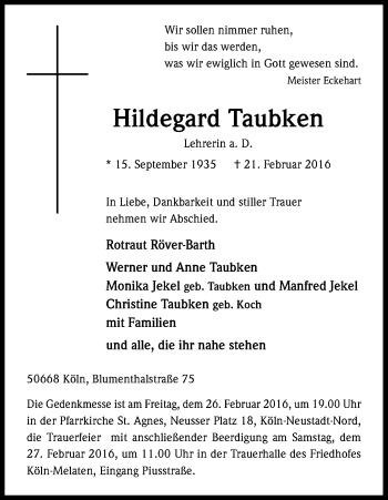 Anzeige von Hildegard Taubken von Kölner Stadt-Anzeiger / Kölnische Rundschau / Express