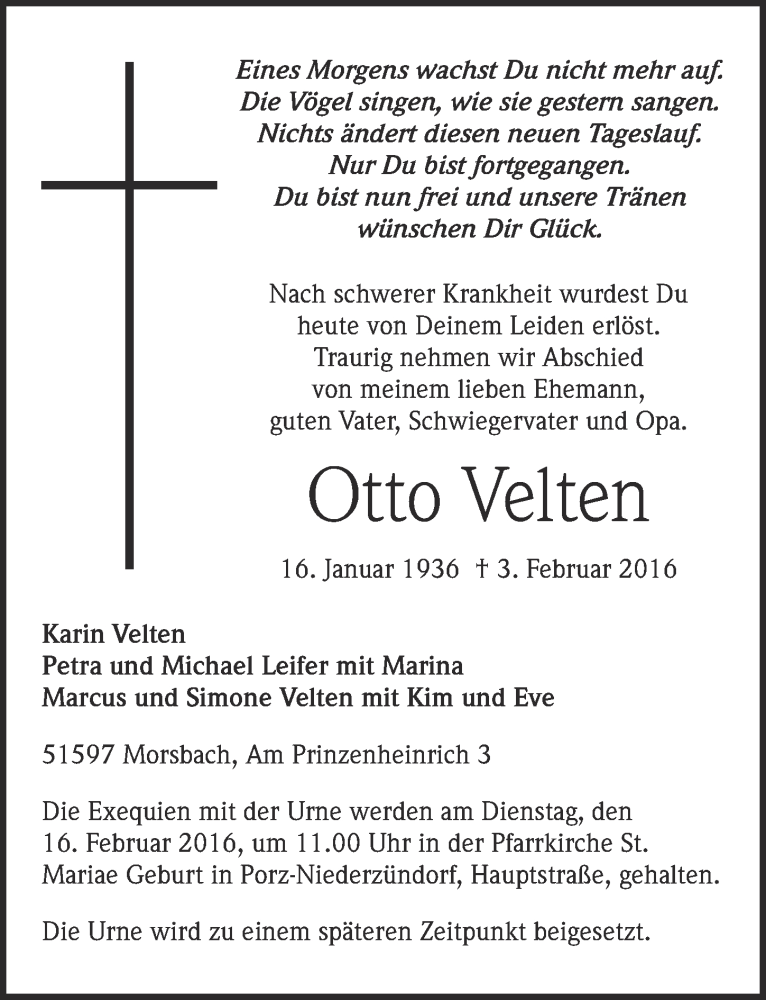  Traueranzeige für Otto Velten vom 10.02.2016 aus  Kölner Wochenspiegel 