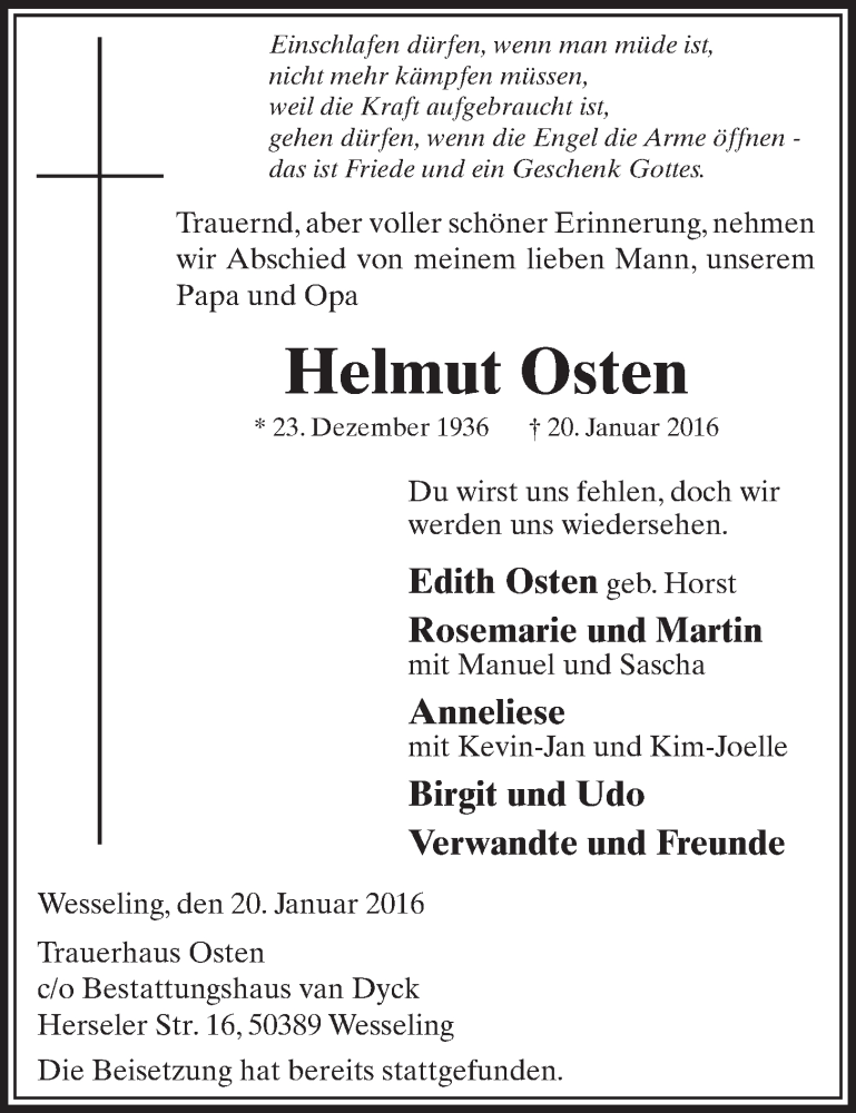  Traueranzeige für Helmut Osten vom 03.02.2016 aus  Schlossbote/Werbekurier 