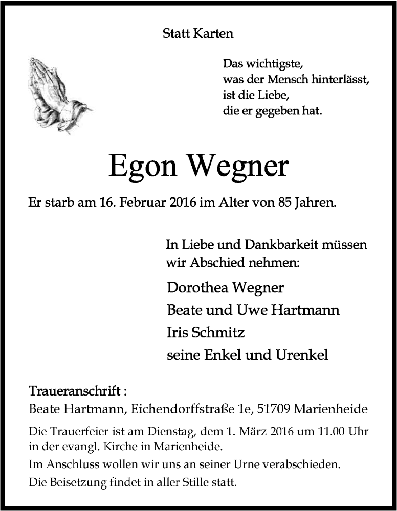  Traueranzeige für Egon Wegner vom 24.02.2016 aus Kölner Stadt-Anzeiger / Kölnische Rundschau / Express