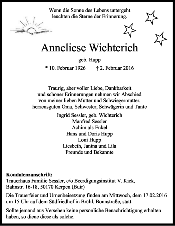 Anzeige von Anneliese Wichterich von Kölner Stadt-Anzeiger / Kölnische Rundschau / Express