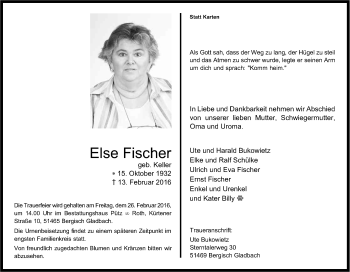 Anzeige von Else Fischer von Kölner Stadt-Anzeiger / Kölnische Rundschau / Express