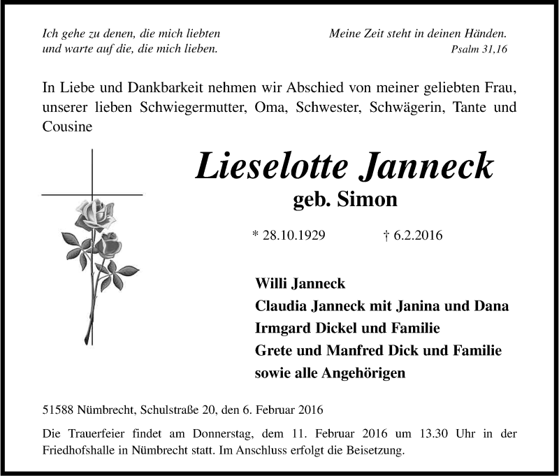  Traueranzeige für Lieselotte Janneck vom 09.02.2016 aus Kölner Stadt-Anzeiger / Kölnische Rundschau / Express