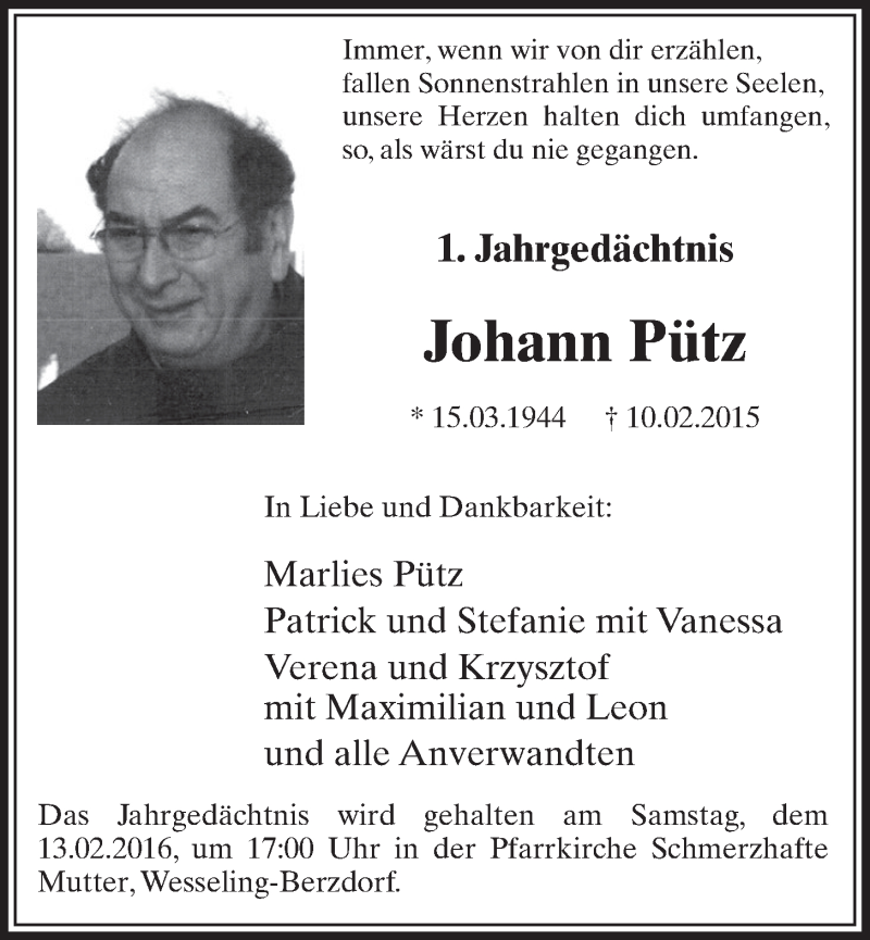  Traueranzeige für Johann Pütz vom 10.02.2016 aus  Schlossbote/Werbekurier 