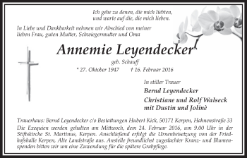 Anzeige von Annemie Leyendecker von  Sonntags-Post 