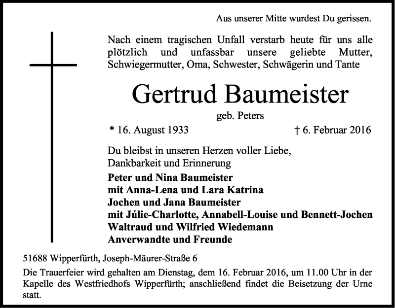  Traueranzeige für Gertrud Baumeister vom 11.02.2016 aus Kölner Stadt-Anzeiger / Kölnische Rundschau / Express