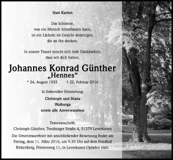 Anzeige von Johannes Konrad Günther von Kölner Stadt-Anzeiger / Kölnische Rundschau / Express