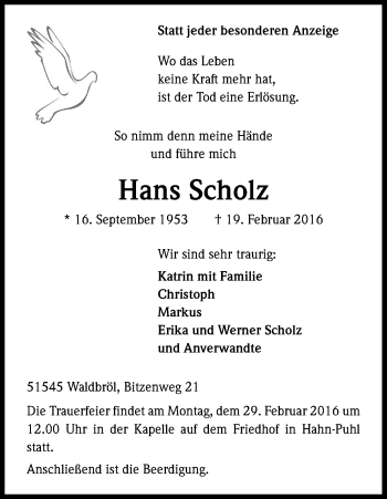 Anzeige von Hans Scholz von Kölner Stadt-Anzeiger / Kölnische Rundschau / Express