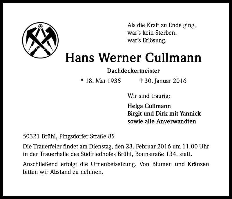  Traueranzeige für Hans Werner Cullmann vom 15.02.2016 aus Kölner Stadt-Anzeiger / Kölnische Rundschau / Express