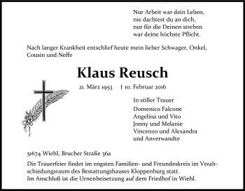 Anzeige von Klaus Reusch von Kölner Stadt-Anzeiger / Kölnische Rundschau / Express