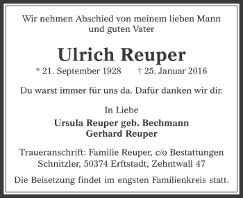 Anzeige von Ulrich Reuper von  Werbepost 