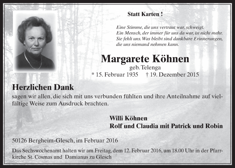  Traueranzeige für Margarete Köhnen vom 10.02.2016 aus  Werbepost 