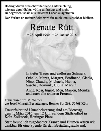 Anzeige von Renate Rütt von Kölner Stadt-Anzeiger / Kölnische Rundschau / Express