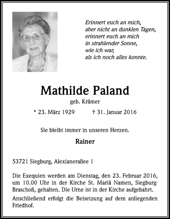 Anzeige von Mathilde Paland von Kölner Stadt-Anzeiger / Kölnische Rundschau / Express