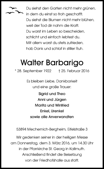 Anzeige von Walter Barbarigo von Kölner Stadt-Anzeiger / Kölnische Rundschau / Express