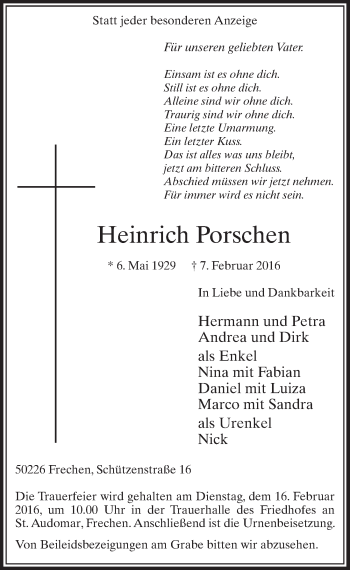 Anzeige von Heinrich Porschen von  Sonntags-Post 