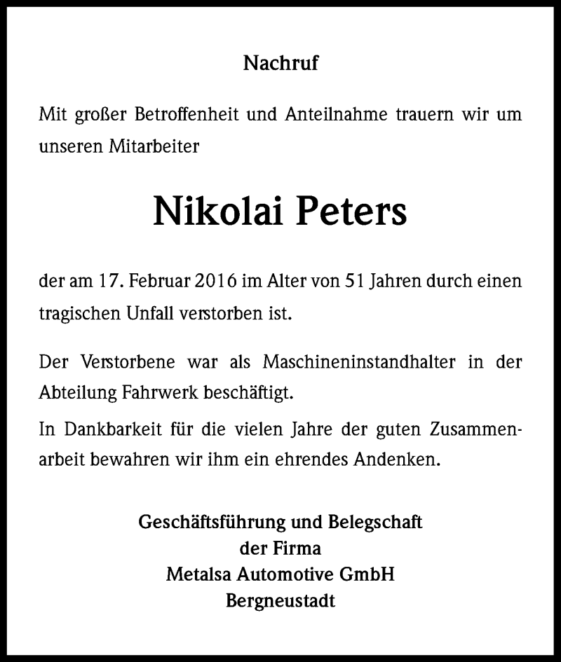  Traueranzeige für Nikolai Peters vom 20.02.2016 aus Kölner Stadt-Anzeiger / Kölnische Rundschau / Express