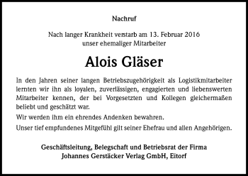 Anzeige von Alois Gläser von Kölner Stadt-Anzeiger / Kölnische Rundschau / Express
