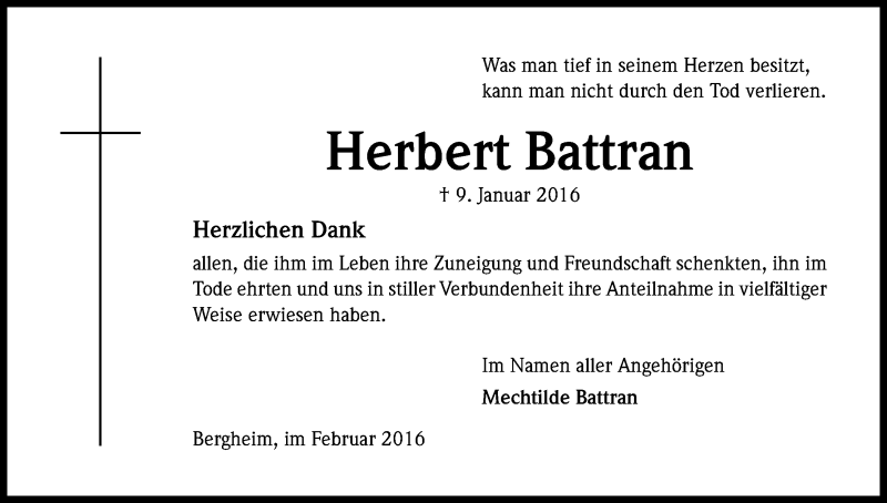  Traueranzeige für Herbert Battran vom 06.02.2016 aus Kölner Stadt-Anzeiger / Kölnische Rundschau / Express