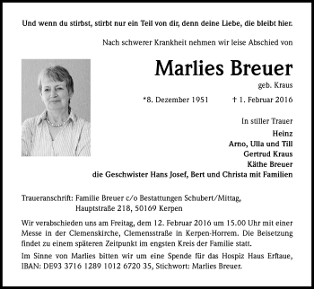 Anzeige von Marlies Breuer von Kölner Stadt-Anzeiger / Kölnische Rundschau / Express