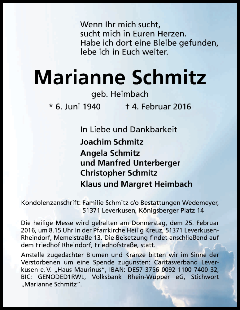  Traueranzeige für Marianne Schmitz vom 20.02.2016 aus Kölner Stadt-Anzeiger / Kölnische Rundschau / Express