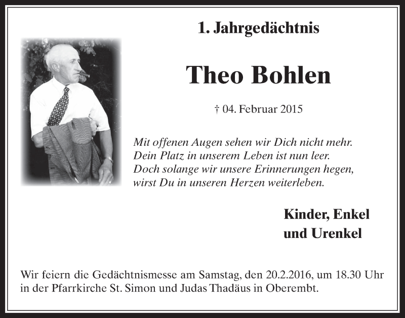  Traueranzeige für Theo Bohlen vom 17.02.2016 aus  Werbepost 