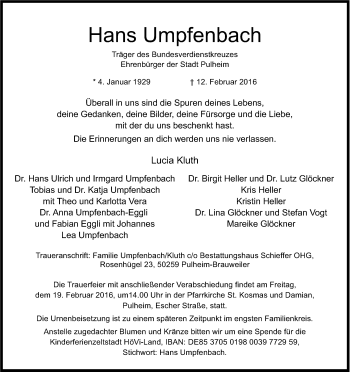 Anzeige von Hans Umpfenbach von Kölner Stadt-Anzeiger / Kölnische Rundschau / Express
