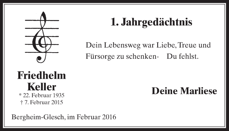  Traueranzeige für Friedhelm Keller vom 10.02.2016 aus  Werbepost 