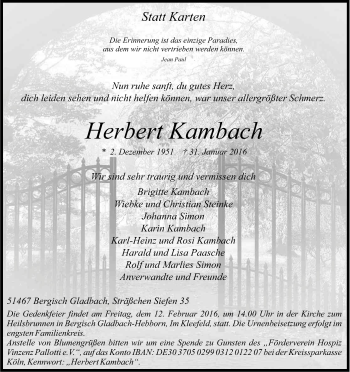 Anzeige von Herbert Kambach von Kölner Stadt-Anzeiger / Kölnische Rundschau / Express